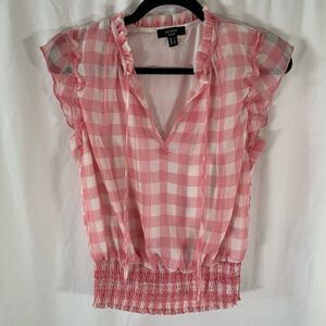 Haver London Blouse Women's Small Pink White Plaid Tassels Vneck Short Sleeve